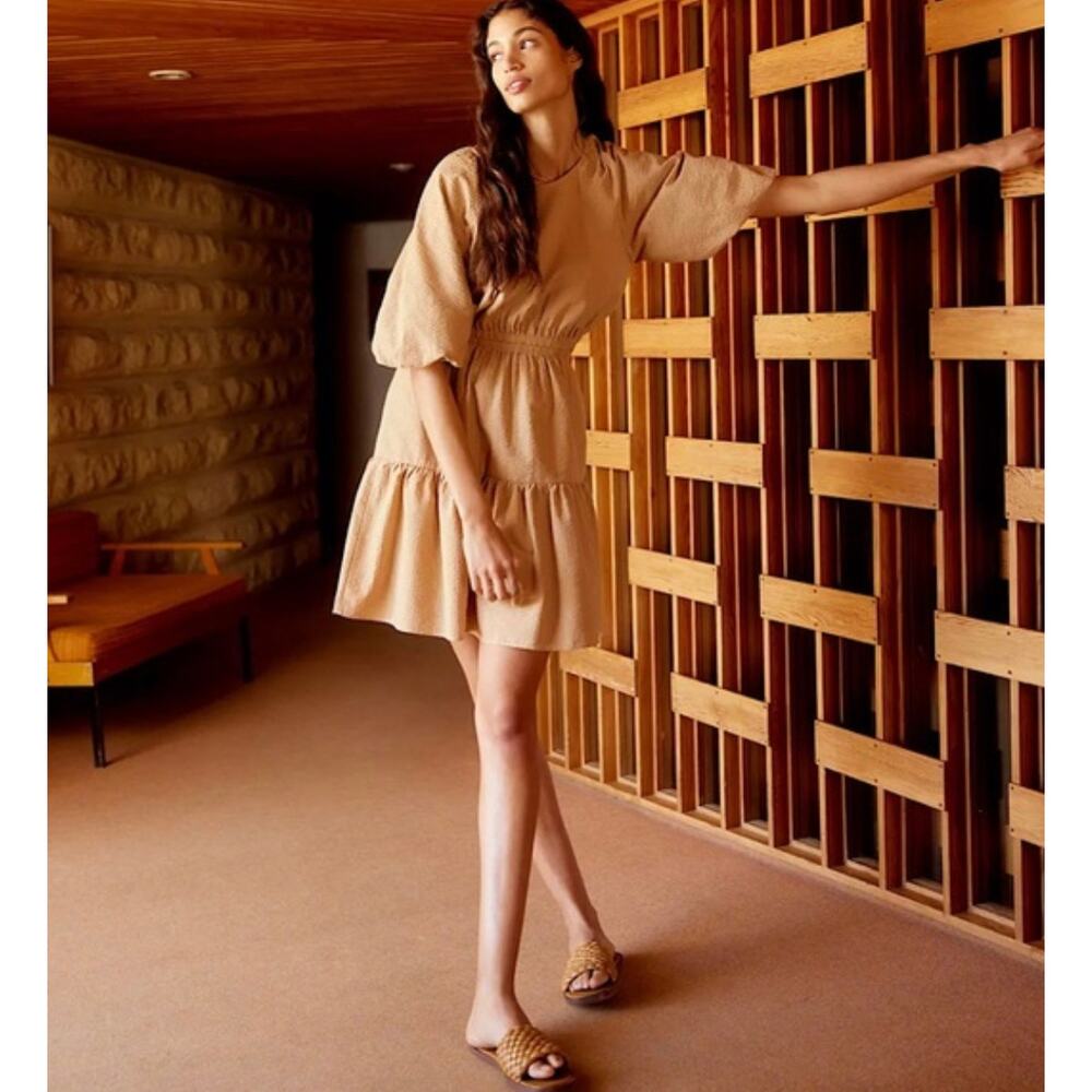 Madewell Seersucker Puff Sleeve Cutout Mini Dress I’m Seed Khaki Size Medium